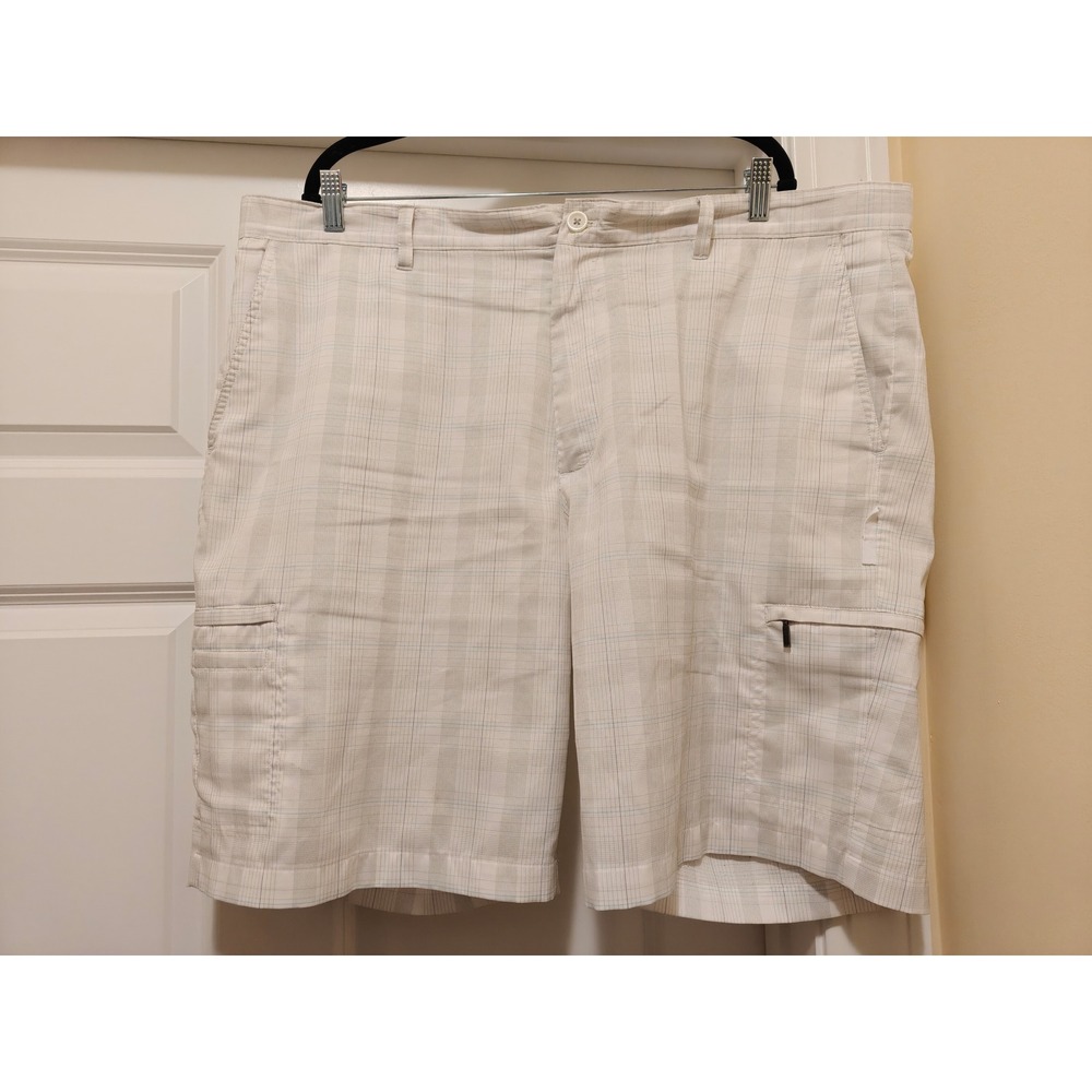 Greg Norman for Tasso Elba Mens 42 Golf Shorts Plaid Beige Stretch Flat Front
